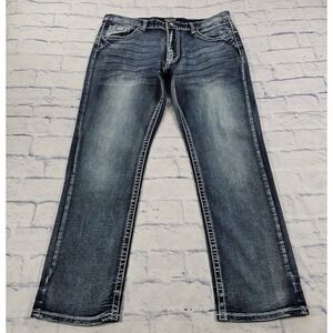 True Luck Straight Jeans Mens 38x32 Dark Wash Thick Stitch Embroidered Pockets